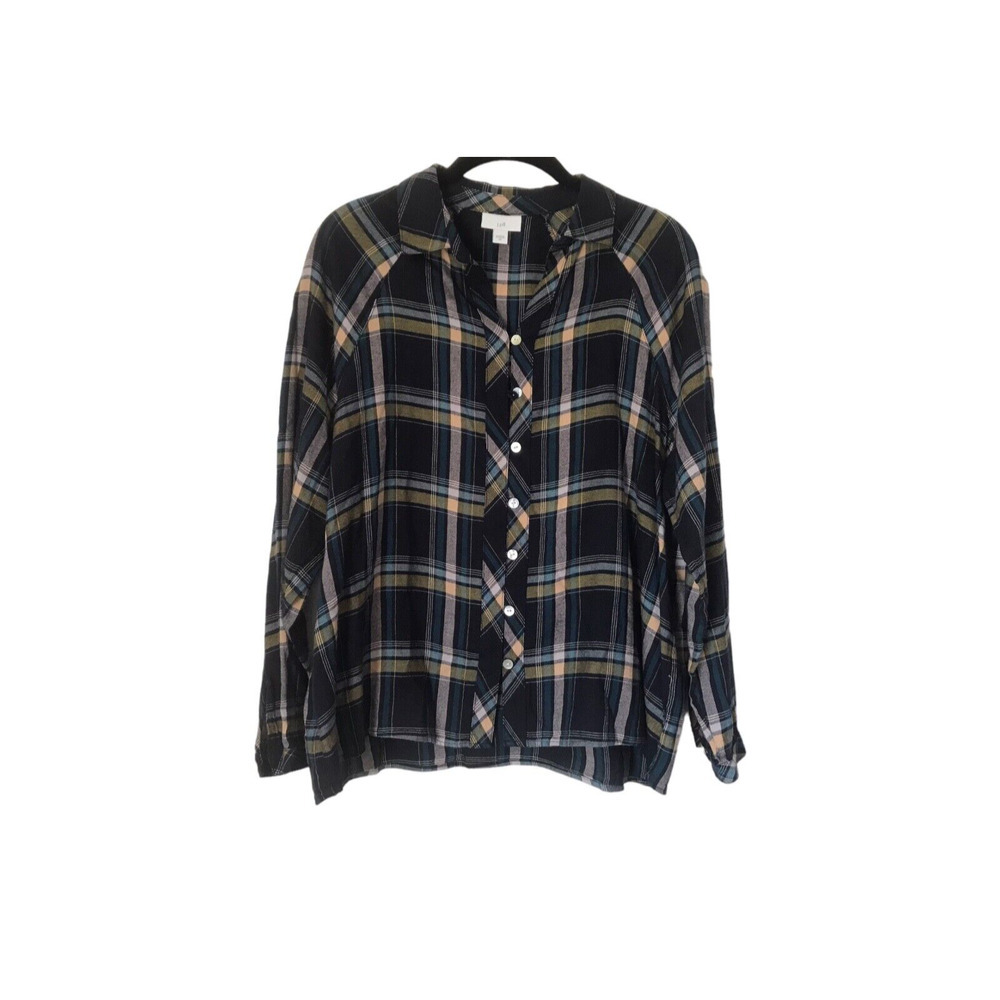 J Jill Top Womens Size XS Blue Green Plaid Long Sleeve Button Up Collard V-neck